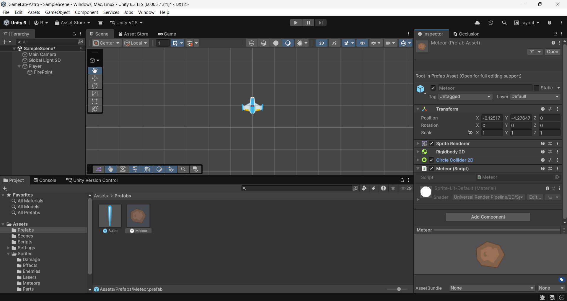Inspector del prefab Meteor: Rigidbody 2D, Circle Collider 2D y script Meteor