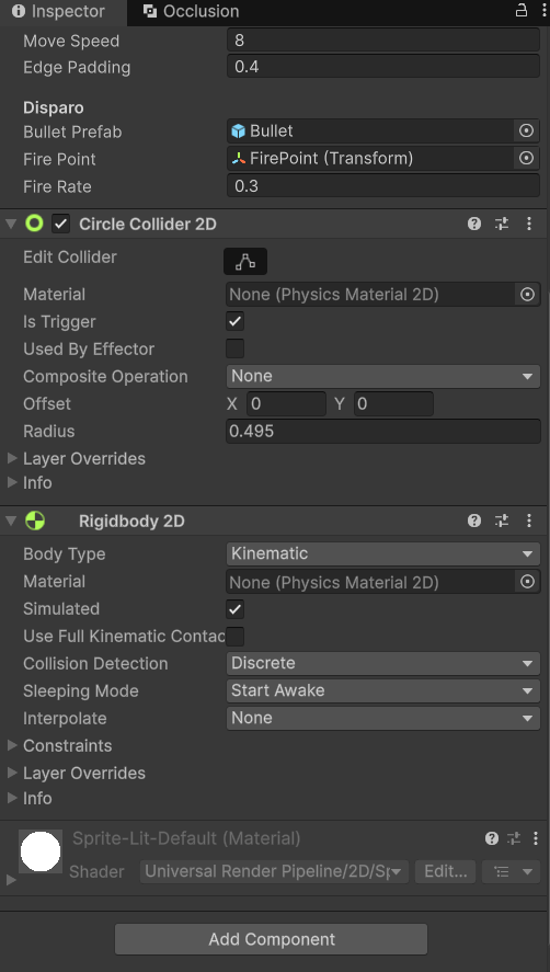 Inspector del Player: Tag Player, Circle Collider 2D y Rigidbody 2D Kinematic