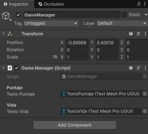 Inspector de GameManager con Texto Puntaje y Texto Vida asignados