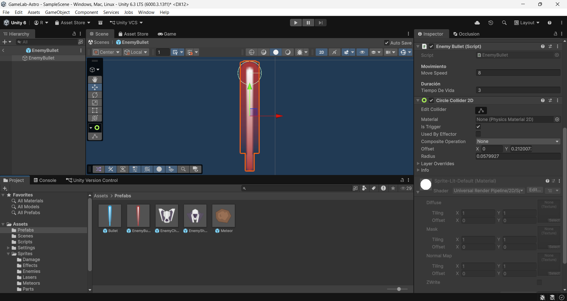Inspector del prefab EnemyBullet con el Circle Collider 2D agregado